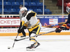 Wyatt George (#28) of the Trenton Golden Hawks has announced he will join the Beavers at Babson College in Wellesley, Massachusetts. ANDY CORNEAU/OJHL IMAGES

Editorial Use