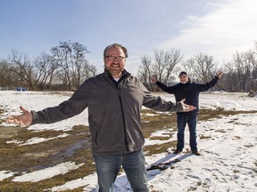 Freedom House Church pastors Brian Beattie (left) and Dave Carrol stand on part of a five-acre parcel of land the church has agreed to purchase in Brantford. They plan to build about 150 affordable housing units and a community centre that will serve as a place of worship and base for community outreach.