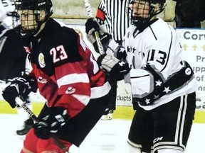 T.J. Hughes (right) is one of several Caledonia Corvairs players on the move. Hughes, who has accepted a scholarship to play at Robert Morris University, joins several other players on the Greater Ontario Junior Hockey League team that have found new homes.