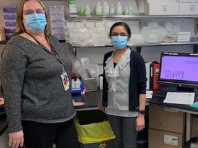 Lee-Anne Lambert (left) is manager of laboratory services at the Brant Community Healthcare System, and Druvisha Patel is a microbiology technical specialist.