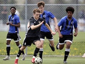 Brantford's Noah DeDominicis (black jersey) has accepted an NCAA scholarship to St. Bonaventure University in Allegany, N.Y., where he'll play for the men's soccer team.