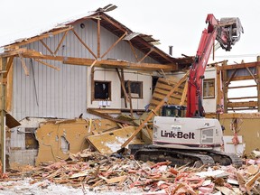 Demolition was underway Tuesday at the former Harold and Goetz building materials company at Clarence Street and Icomm Drive in downtown Brantford.