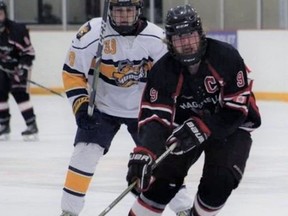 Hagersville Hawks captain Matt Weston skates up the ice last season during Provincial Junior Hockey League action.