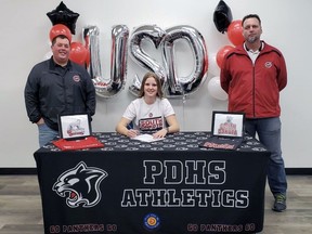 Brantford Track and Field Club member Mackenzie Campbell, a hammer throw specialist, has accepted an NCAA scholarship to attend the University of South Dakota. With Campbell are two of her coaches, Sean Doucette (left) and Trevor Windle.