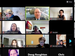 Leeds-Grenville-Thousand Islands and Rideau Lakes MPP Steve Clark, top centre, addresses participants of a Brockville and District Chamber of Commerce virtual meeting on Monday morning. (SCREENSHOT)