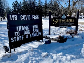 Amid a slight increase in COVID-19 cases in the area reported Thursday, Brockville's Sherwood Park Manor was posting some good news: A full year free of the coronavirus. (SUBMITTED PHOTO)