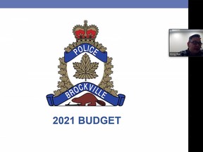 King Yee, Jr. chairman of the Brockville police services board, begins his budget presentation to city council's virtual meeting on Tuesday. (SCREENSHOT)