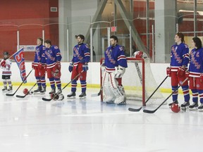 South Grenville starters line up for a Rangers' home playoff game last March. The NCJHL confirmed on Friday that there will be no Jr. C regular season this year because of the COVID-19 pandemic.
File photo/The Recorder and Times