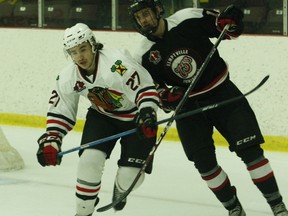 Brockville's Luke Tchor (left) and Kemptville's Cameron Cotnam interact in the 73's end during a CCHL scrimmage at the Memorial Centre on Friday night. Tchor had two goals and two assists and was named second star in the Braves' 7-2 victory. The teams are set to play an outdoor game at Rotary Park on Sunday afternoon.
Tim Ruhnke/The Recorder and Times