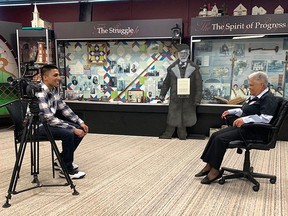 Filmmaker Angel Panag, left, interviews Dorothy Wright Wallace, board president of the Chatham-Kent Black Historical Society, inside the Black Mecca Museum for a documentary on Chatham-Kent's black history called The North Star: Finding Black Mecca.