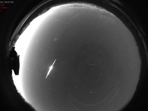 A fireball streaks across the morning sky in Edmonton on Monday, Feb. 22, 2021. (Supplied photo/Athabasca University, Athabasca University GeoSpace Observatory (AUGSO), Principal Investigator: Prof. Martin Connors)