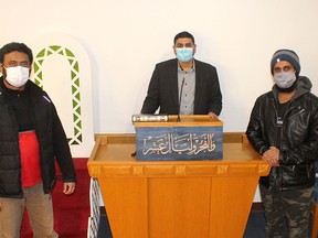 Members of the Chatham Islamic Centre board of directors, from left, Rizwan Khan, Amir Naveed and Ahmed Amiry, are seen here Tuesday in the new centre for the community group, located in the former St. James Presbyterian church on McNaughton Avenue West. Ellwood Shreve/Chatham Daily News/Postmedia Network