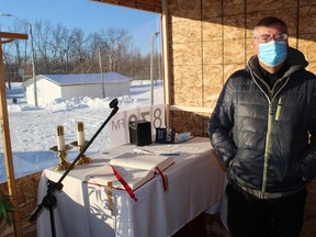 Rev. Louis Groetelaars, inside his "COVID Chapel,'' before the 9 a.m. mass on Sunday morning at St. Andrews Catholic Church. Photo on Sunday, January 31, 2021, in St. Andrews West, Ont. Todd Hambleton/Cornwall Standard-Freeholder/Postmedia Network