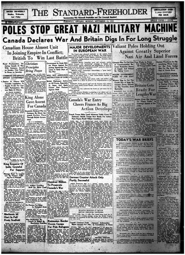 The Standard-Freeholder covered Canadians fighting in the second world war on Sept. 11, 1939. Handout Not For Resale