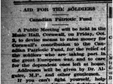 The Standard-Freeholder covered Canadians fighting in the first world war on Oct. 1, 1914.Handout Not For Resale