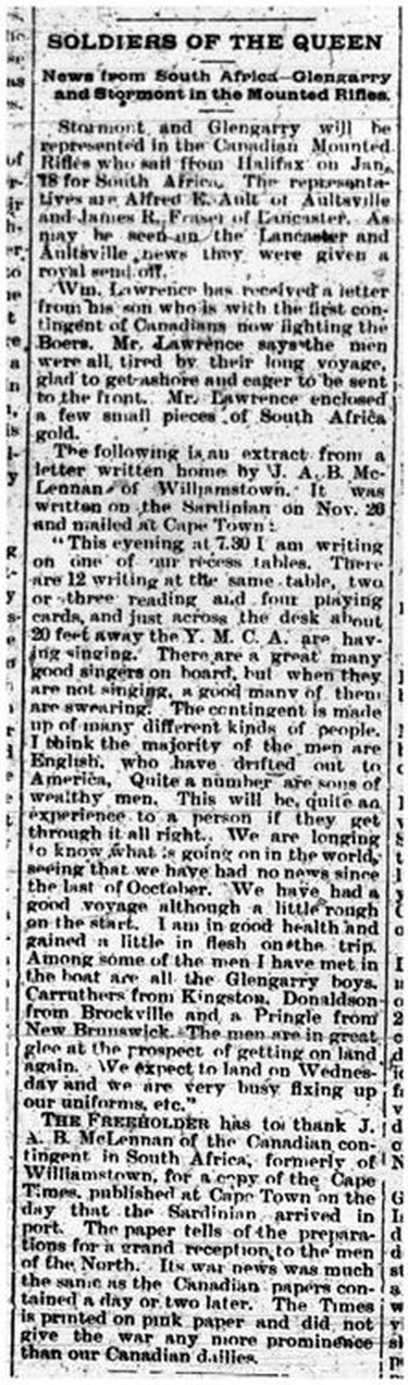 "Soldiers of the Queen" shows letters from Canadians fighting in the Boer Wars on Jan. 6, 1900. Handout Not For Resale