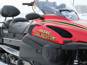 A snowmobile from Anzac Fire Rescue parked in Anzac, Alta. on Saturday January 27, 2018. Vincent McDermott/Fort McMurray Today/Postmedia Network