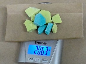 Drumheller RCMP siezed  20.6 g of suspected fentanyl, pictured here, as well as 12.7 g of suspected methamphetamine and 16.5 g of suspected cocaine at a Drumheller residence on  Feb.12. Drumheller RCMP photo