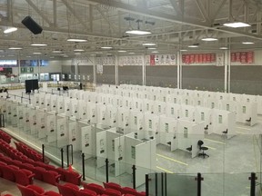 The setup of the COVID-19 mass immunization Hockey Hub at the P&H Centre in Hanover.