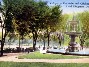 A 1931 postcard shows the Kirkpatrick Fountain in front of the Frontenac County Court House in Kingston spouting water from 11 original openings while a baseball game is played at the nearby Cricket Field.