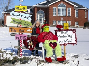 Bath resident Prudence O'Marra has replicated her old friend the Grinch. She set him up to wish Happy Valentine's Day to neighbours and passersby on Sunday. Her first Grinch was stolen from her front yard on Christmas Day