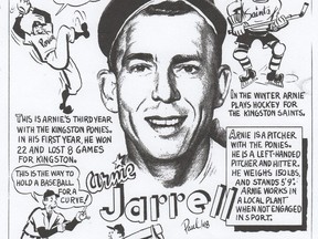 Left-handed pitcher Arnie Jarrell, a local player who starred with the Kingston Ponies, was lionized in this 1948 cartoon. He was one of many of the team's players who appeared in The Kingston Whig-Standard's sports pages.
