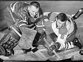 Montreal Canadiens' forward Ralph Backstrom moves in on Toronto Maple Leafs goaltender Johnny Bower during a 1964 game. Backstrom, a native of Kirkland Lake, died Sunday, according to the National Hockey League.