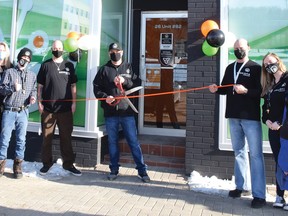 Photo by KEVIN McSHEFFREY/THE STANDARD
The opening of the Sessions Cannabis Elliot Lake store was complete with a ribbon cutting ceremony. The owner of the franchise, Jason Hamilton, cut the ribbon to open the store, with a few of his staff in the photo.