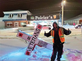 Photo supplied
B.C. resident Warren Michael Parke arrived in Massey on Friday evening after walking from Sault Ste. Marie in a heavy snowstorm. Known as ‘The Old Man’ he is walking to raise awareness of the government’s failures to support veterans and First Nations.
