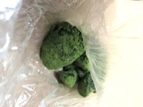 Guelph police say officers found green fentanyl while making two recent arrests. Police are concerned about the similar appearance green fentanyl has to cannabis and are reminding the community of its dangers. Fentanyl is a powerful opioid and can be up to 100 times stronger than morphine. Guelph Police Photo