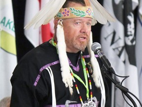 Nipissing Chief Scott McLeod addresses a gathering. The First Nation near North Bay is one of several whose challenges with funding paperwork is cited in a new report from the Northern Policy Institute.