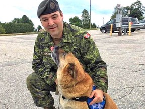 Eric Lalonde's service dog, Nala, broke new ground in North Bay as the first of her kind in local military service when she began to help his PTSD a few years ago. She's about to join Lalonde in retirement due to her failing health and Lalonde is seeking help to get a replacement while she's still alive.  Supplied Photo