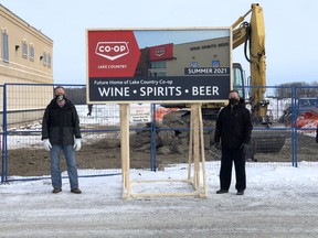 Pictured left to right are: Amanda Ritthaler, Morley Doerksen, Kevin Lockwood, and Greg Haluke. The employees of Lake Country Co-op in Nipawin were excited to announce the start of construction of a new wine/beer/cooler store next to the food store. Photo submitted.