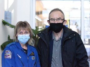 Cindy Seidl of STARS stands with Rod Gantefoer who was a major part of the fundraising effort to build a heliport at the Melfort Hospital. The helport has already been used and saves 30 minutes off the time of transporting patients, Seidl said. Photo Susan McNeil.