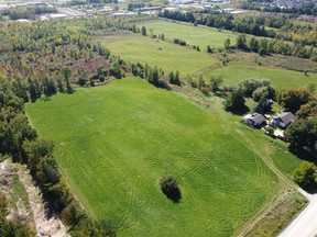 An aerial view of a 46-acre plot of undeveloped land in east Owen Sound recently purchased by the Glassworks Cooperative.
(John Fearnall, Good Noise Photography)