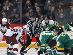 Peterborough Petes' player Semyon Der-Arguchintsev faces off against London Knights forward Nathan Dunkley during second period OHL action on Thursday December 5, 2019 at the Memorial Centre in Peterborough. (File photo)