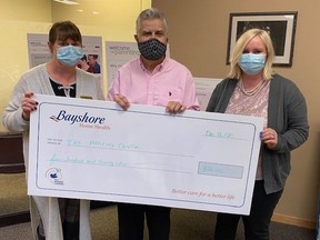 The Bayshore Foundation recently presented the Phoenix Centre with a cheque for $426 to support the upcoming launch of a new online program called Welcome to Parenting. In the photo from left, Laurie Chambers, Bayshore Home Health client services manager, Greg Lubimiv, executive director of the Phoenix Centre, and Sarah Gardiner, Bayshore Home Health area director. Submitted photo