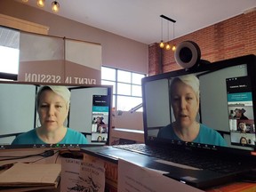 Amanda Neilson of Rideauwood Addiction and Family Services onscreen at Studio Dreamshare in downtown Pembroke Zoomed in virtually from Ottawa to deliver her session during the Pembroke Community Watch first information session day on Feb. 13.