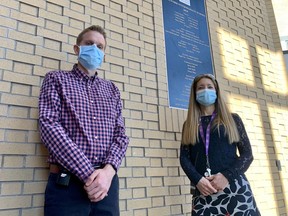 Stratford intermediate school vice-principal Stefan Schneider, left, and principal Erin Cassone stand in the schools freshly renovated front lobby. (Cory Smith /Stratford Beacon Herald)