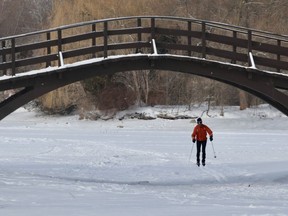 A cross-country skier approaches the bridge to Tom Patterson Island Wednesday morning in Stratford. (Cory Smith/The Beacon Herald)