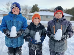 Hodgson brothers Benson, 10, left, Quin, 7, middle, and Keagan, 8, were behind the penguin snow sculptures that appeared mysteriously on porches and around Shakespeare, and brought smiles and social media fame during the pandemic. (Cory Smith/The Beacon Herald)