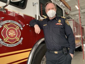 St. Marys fire Chief Richard Anderson stands in the department’s renovated fire station, which reopened Saturday at its longtime James Street location after being displaced for about 11 months.