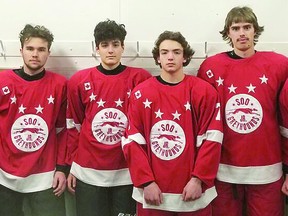 Michael Beltrano, Kolby Fellinger, Adam Barone, Calem Mangone, Stephen Pszeniczny and Noah Metivier are among the veteran players of the U18 Soo Jr. Greyhounds. SPECIAL TO SAULT THIS WEEK