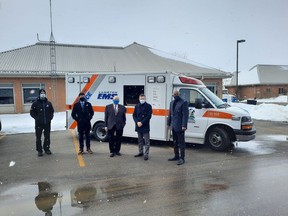 More funding has been announced for the Lambton community paramedicine program. Pictured are Lambton community paramedic Mark Duffy, left, Lambton County Warden Kevin Marriott, Sarnia-Lambton MPP Bob Bailey, Lambton EMS manager Steve Pancino, and Lambton public health general manager Andrew Taylor, posing at the Lambton EMS station in Petrolia Friday. (Submitted)