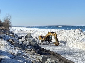 Workers with R&M Construction recently began shoreline protection work near Helen Avenue in Bright's Grove. The work is part of $3.25 million in shoreline protection spending earmarked for 2021. (Submitted)