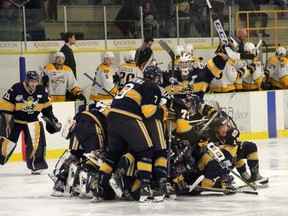 The Alberta Junior Hockey League (AJHL) has been granted approval by the Government of Alberta for return to play. Pictured, the Spruce Grove Saints mob Cole Basnett after he delivered the game winning goal in triple overtime of Game 5 of the Saints AJHL quarterfinal series against the Grande Prairie Storm. Josh Thomas.