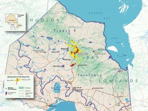 This maps shows the mining claims in the Ring of Fire and existing transportation infrastructure in the area.