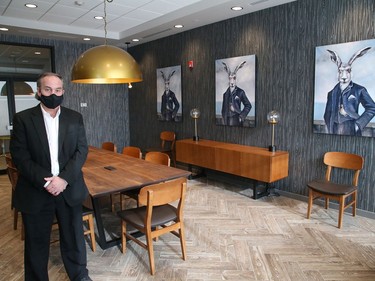 Murray Bowers, director of sales at the Hilton Garden Inn, stands in the conservatory where meetings and social gatherings can be held at the new hotel at 475 Barrydowne Road in Sudbury, Ont. on Tuesday February 16, 2021. John Lappa/Sudbury Star/Postmedia Network