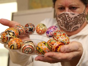 Linda Russell, of the Ukrainian Seniors' Centre in Sudbury, Ont., shows off samples of Ukrainian egg decoration on Thursday February 18, 2021. The centre is organizing and hosting a learn to Pysanka on Zoom workshop on Friday, March 19 at 10 a.m. The fee is $25 per kit, which includes supplies and Zoom registration. Participants must register and pick-up the kit by March 15. For more information, call 705-673-7404. John Lappa/Sudbury Star/Postmedia Network