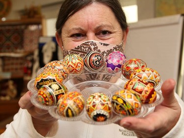 Linda Russell, of the Ukrainian Seniors' Centre in Sudbury, Ont., shows off samples of Ukrainian egg decoration on Thursday February 18, 2021. The centre is organizing and hosting a learn to Pysanka on Zoom workshop on Friday, March 19 at 10 a.m. The fee is $25 per kit, which includes supplies and Zoom registration. Participants must register and pick-up the kit by March 15. For more information, call 705-673-7404. John Lappa/Sudbury Star/Postmedia Network